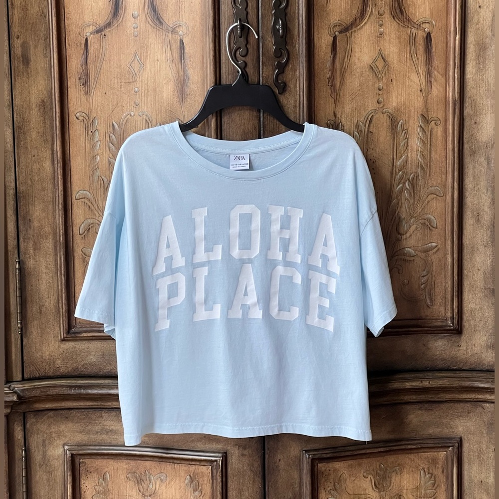 Zara Girls Aloha Cropped Boxy Short Sleeve Tee NWOT Light Blue Sz 13/14 Fits 12